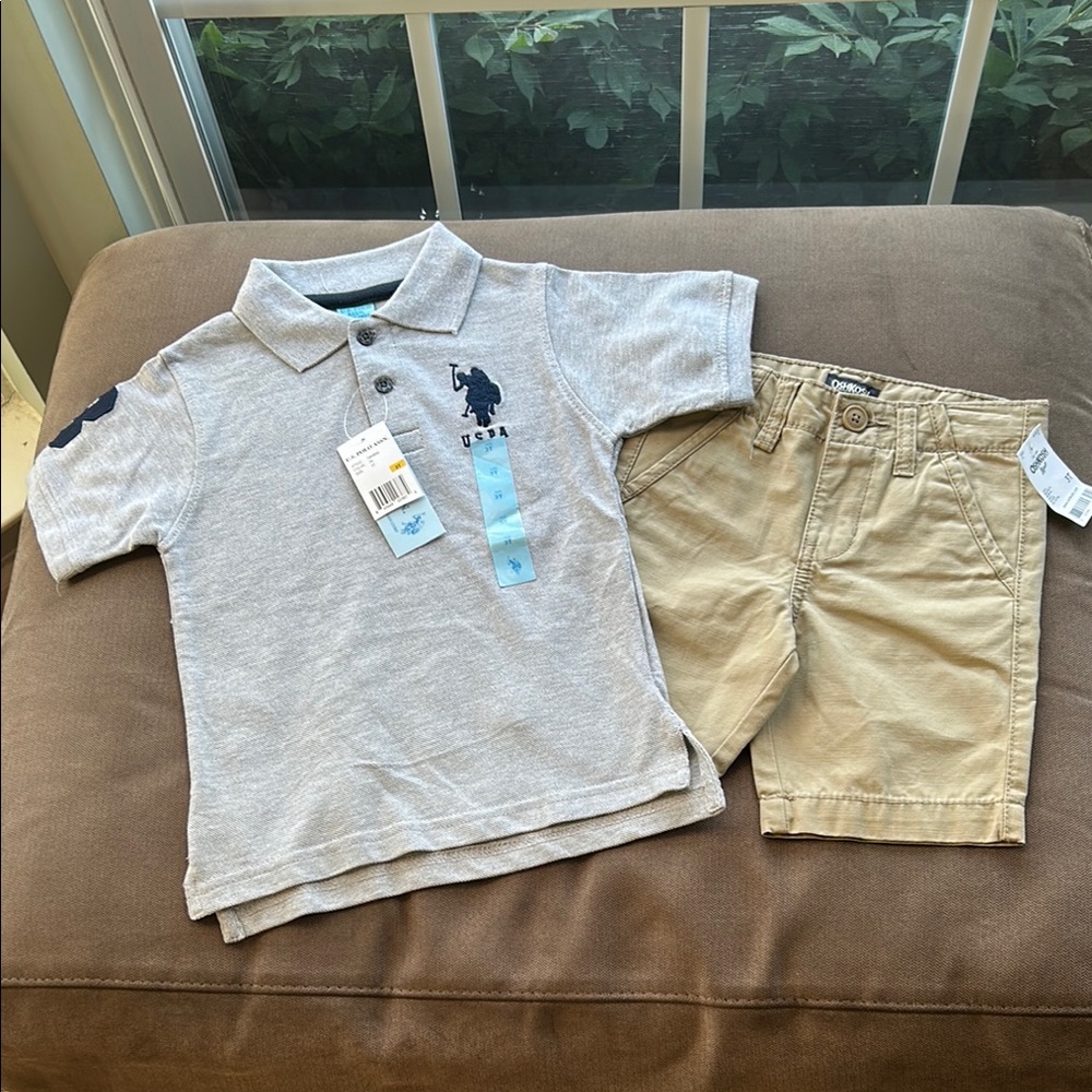 U.S. Polo Assn. Gray Polo Shirt Classic Cotton Short Sleeve & OshKosh Tan Shorts